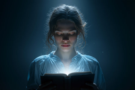 Woman holds a glowing bible in a dark space, expressing faith and divine connection through lightの素材