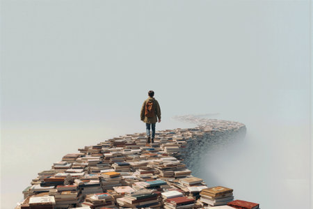 Student walks along a unique path lined with stacked books in a foggy setting during the dayの素材