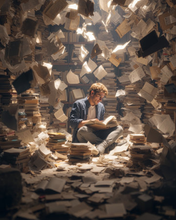 Student immersed in reading as books soar around him in an inspiring library settingの素材