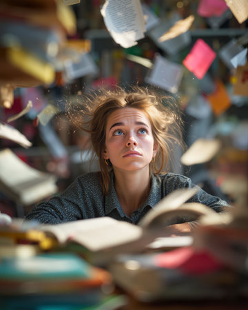 Student in a library watches as books fly around in a whirlwind of knowledge and imagination during a creative study sessionの素材