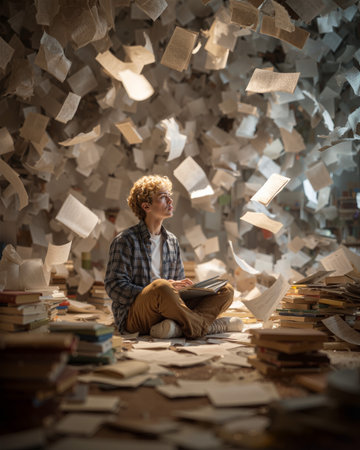 Student reads peacefully while surrounded by flying books in a magical library settingの素材