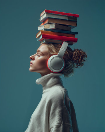 Student enjoys audiobook while balancing books on head in creative study environmentの素材