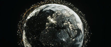 Digital globe showcasing an interconnected AI network forming a luminous representation of Earthの素材