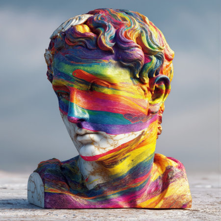 Marble bust adorned with vibrant rainbow paint showcasing modern artistic expressionの素材