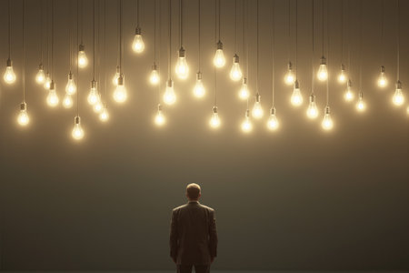 Businessman stands in awe, illuminated by hanging lights in a modern spaceの素材