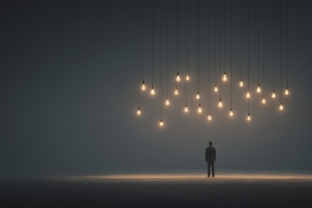 Businessman in a dark space surrounded by glowing lights representing creativity and inspiration in a modern settingの素材