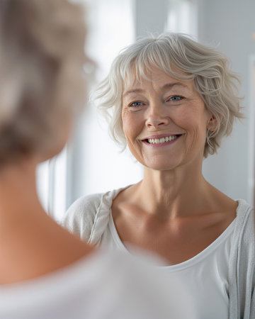 Elderly woman smiling at her reflection in the mirror, enjoying a moment of self-acceptance and joy in a well-lit roomの素材