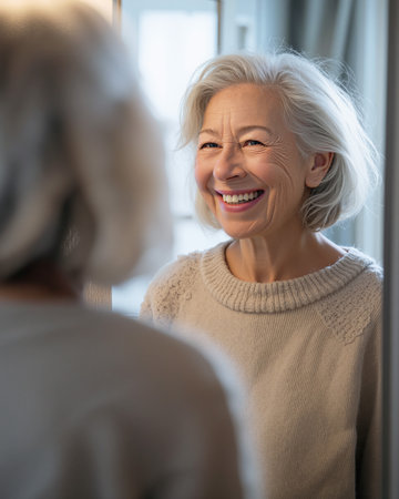 Elderly woman reflects joyfully while smiling at her reflection in a well-lit room during the morningの素材