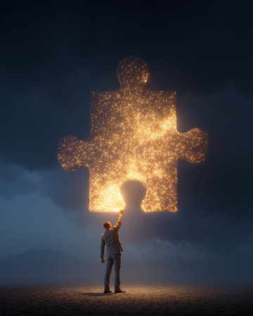 Businessman reaching out to a glowing puzzle piece in a dramatic sky at duskの素材