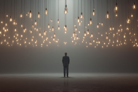 Businessman standing alone under glowing lights in a modern, minimalist spaceの素材