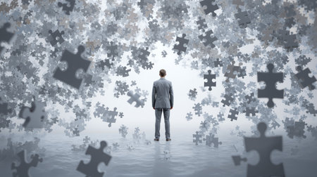 Businessman contemplates his future surrounded by floating puzzle pieces in a minimalist grey spaceの素材