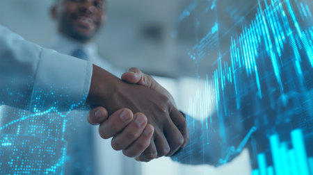 Business team engages in handshake signaling partnership in modern office settingの素材