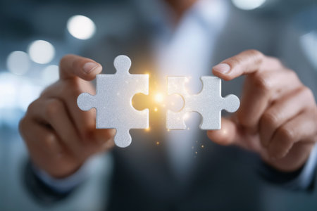 Businessman holding two puzzle pieces symbolizing collaboration and problem solving in an office settingの素材