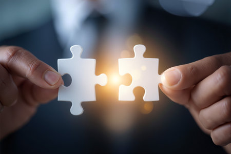 Businessman connecting two puzzle pieces to symbolize teamwork and problem-solving in a modern office settingの素材