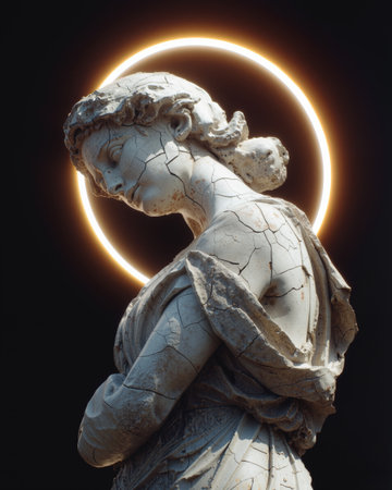 Angel statue with cracked surface illuminated by a glowing haloの素材