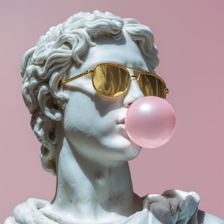 Marble statue wearing gold sunglasses blowing bubble gum against a pastel pink backgroundの素材