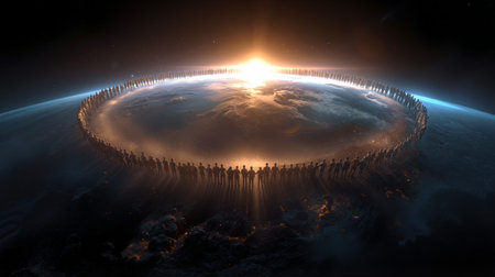 Glowing circle of people surrounding an illuminated sphere at dawnの素材