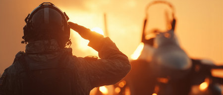 Air force pilot salutes before aircraft at sunset, showcasing pride and dedication in military serviceの素材