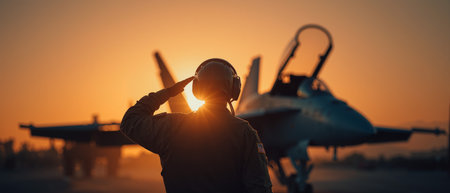 Air force pilot saluting with a fighter jet at sunset in the backgroundの素材