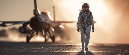 Confident air force pilot walks towards fighter jet during sunset at military airbaseの素材