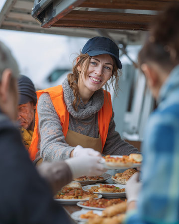 Volunteer serves warm meals to community members from a mobile food truck at a local outreach event during the afternoonの素材