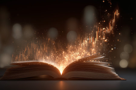 Open book emits glowing financial data, symbolizing knowledge and investment growth in a dark settingの素材