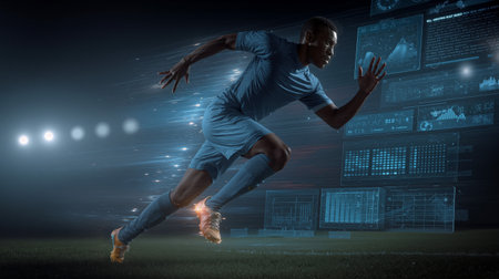 Soccer player sprints on field with data visuals in background during evening matchの素材