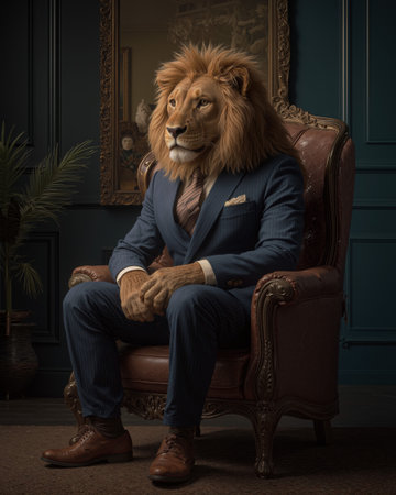 Business lion dressed in a suit sitting confidently in a vintage armchair within a stylish office settingの素材