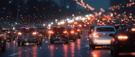 Busy evening traffic illuminated by glowing lights in a bustling cityscapeの素材