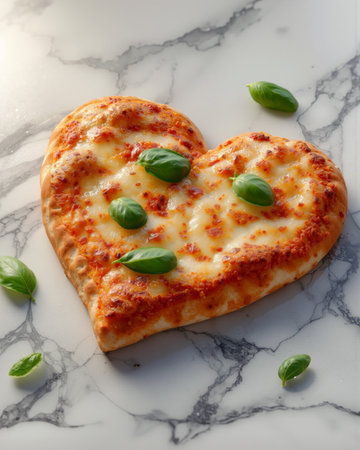 Freshly baked heart-shaped pizza with basil leaves on a marble countertop ready for a romantic mealの素材