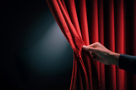 Open red curtain being drawn by hand revealing a hidden scene in a theater settingの素材