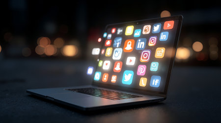 Laptop displaying holographic social media icons in a dimly lit room at nightの素材