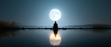 Man meditates peacefully by calm lake under a bright full moon reflecting on the water at nightの素材