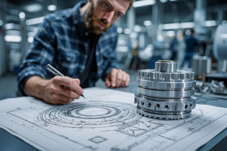Mechanical engineer examines metal components while reviewing design plans in a workshop settingの素材