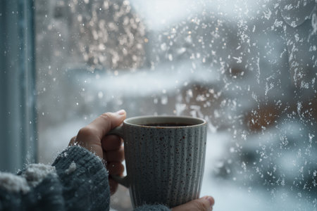 Person enjoying a warm coffee while watching snow fall through a window on a chilly winter dayの素材
