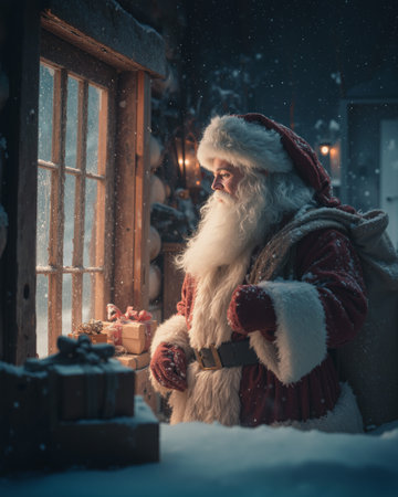 Santa Claus delivers gifts inside a cozy cabin during a snowy winter nightの素材