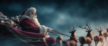 Santa Claus joyfully navigating through snowy skies while driving his sleigh filled with giftsの素材