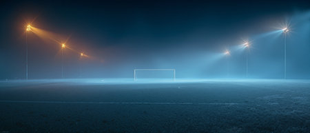 Soccer field illuminated by foggy night lights in a serene atmosphereの素材