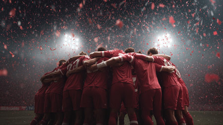 Soccer team gathers in a huddle during an intense match celebration under bright stadium lightsの素材