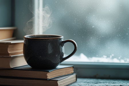 Steaming coffee cup resting on a stack of books near a window with a winter view outsideの素材