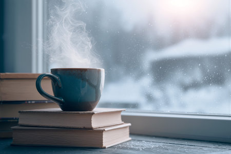 Steaming coffee cup rests on a stack of books by the window in a cozy winter settingの素材