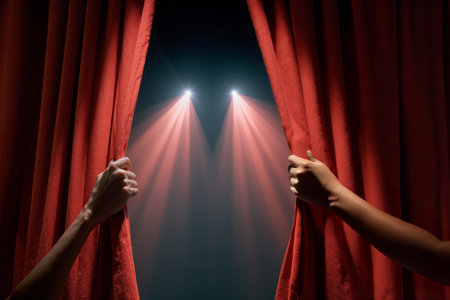 Hands parting heavy red curtains to reveal stage lights in a theater settingの素材