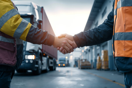 Handshake between warehouse manager and logistics supervisor outside a large distribution center during late afternoonの素材