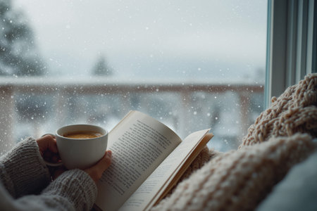 Cozy winter scene with woman enjoying a novel and warm coffee by the window while snow falls outsideの素材