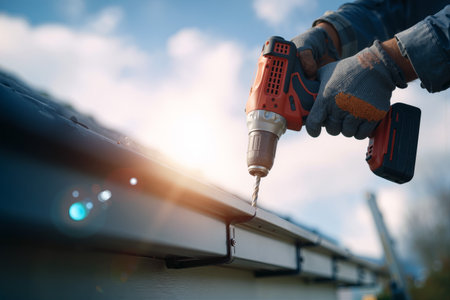 Worker attaches gutter brackets using a drill on a sunny day at a residential construction siteの素材
