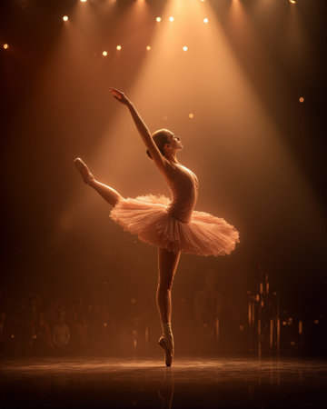 Young ballerina performs an elegant spin on stage during a dance recital in a dimly lit theaterの素材