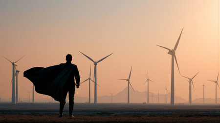 Silhouette in a cape standing against wind turbines at sunset with mountains in the distanceの素材
