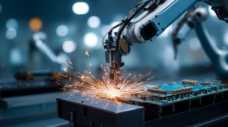 Robot arms assemble electronics while sparks fly in an automated factory settingの素材