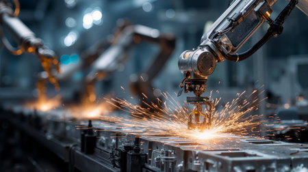 Robot arms efficiently assembling electronics while producing sparks in a modern factory settingの素材