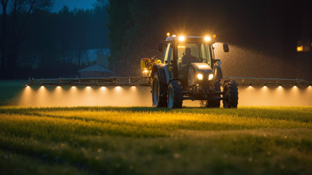 Electric tractor sprays crops in the evening with precision in a rural farming landscapeの素材